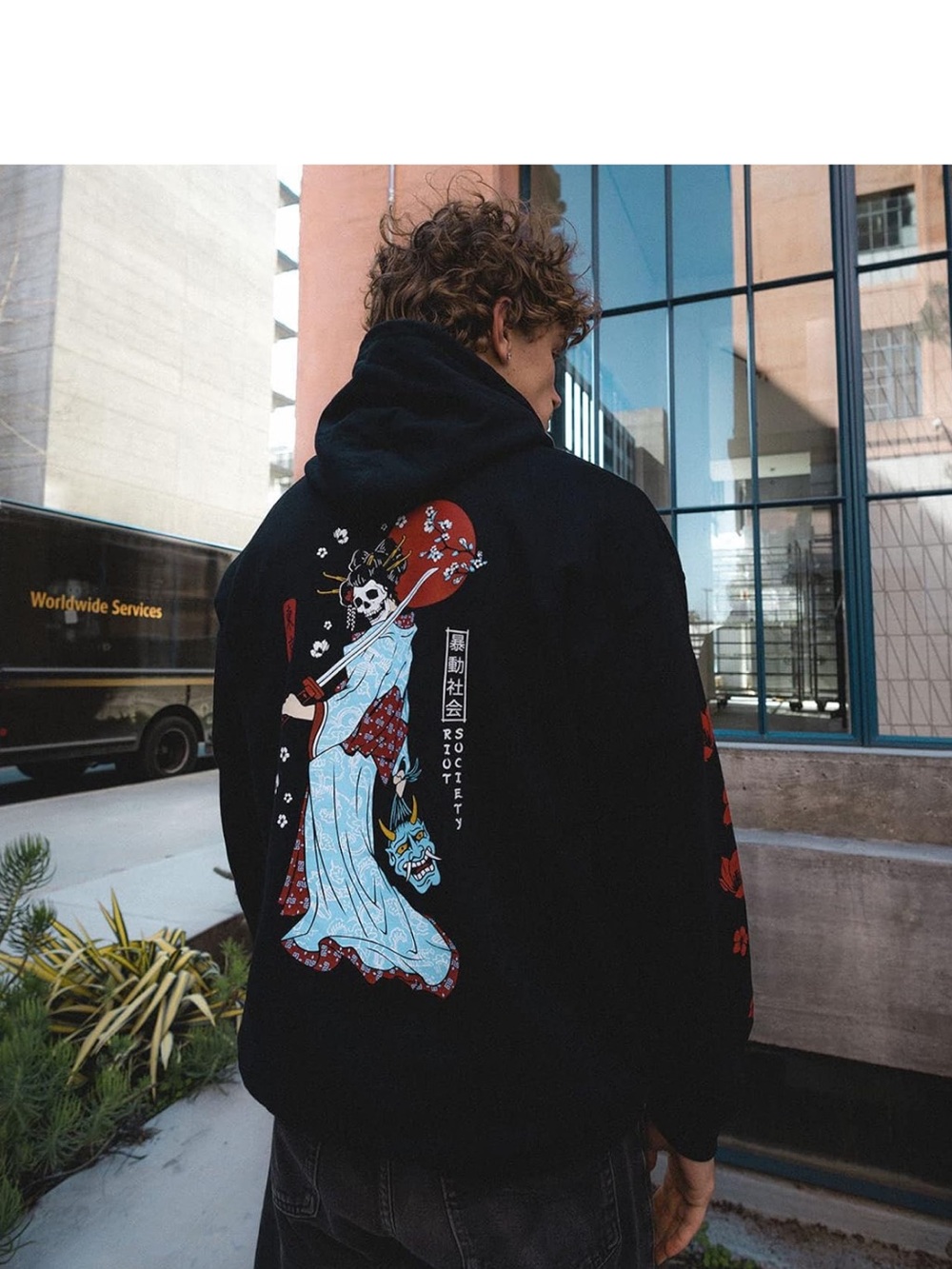 Riot Society Black Graphic Hoodie with Japanese Geisha Skeleton Print